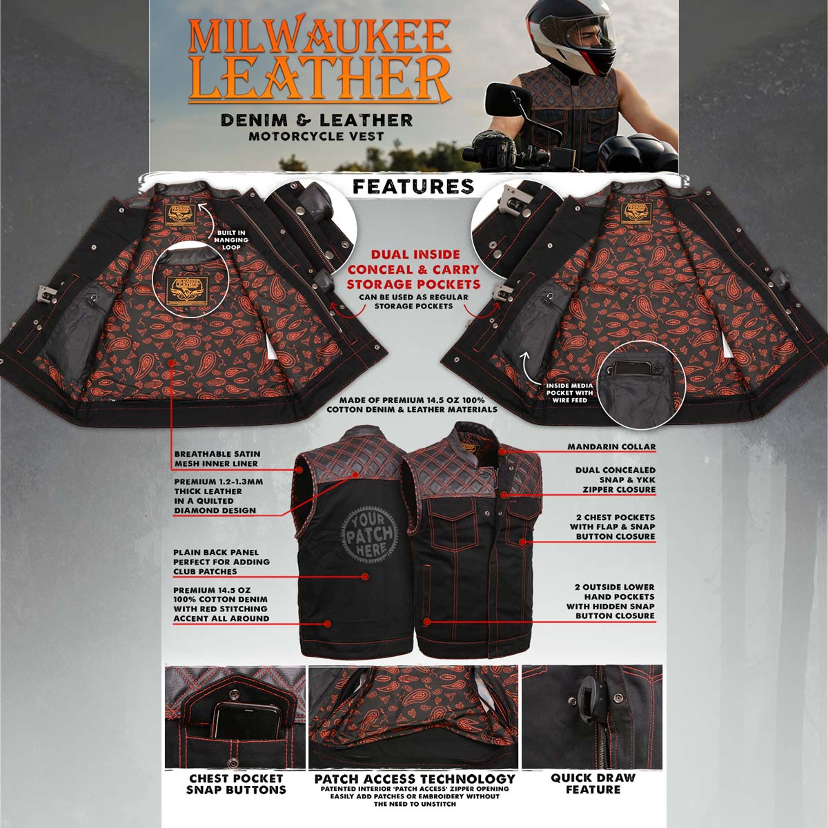Milwaukee Leather MDM3036 Men’s Wrecker Club Vest – Black Denim & Leather, Diamond Quilt, Red Stitch — image 2