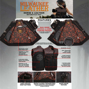 Milwaukee Leather MDM3036 Men’s Wrecker Club Vest – Black Denim & Leather, Diamond Quilt, Red Stitch — image 2