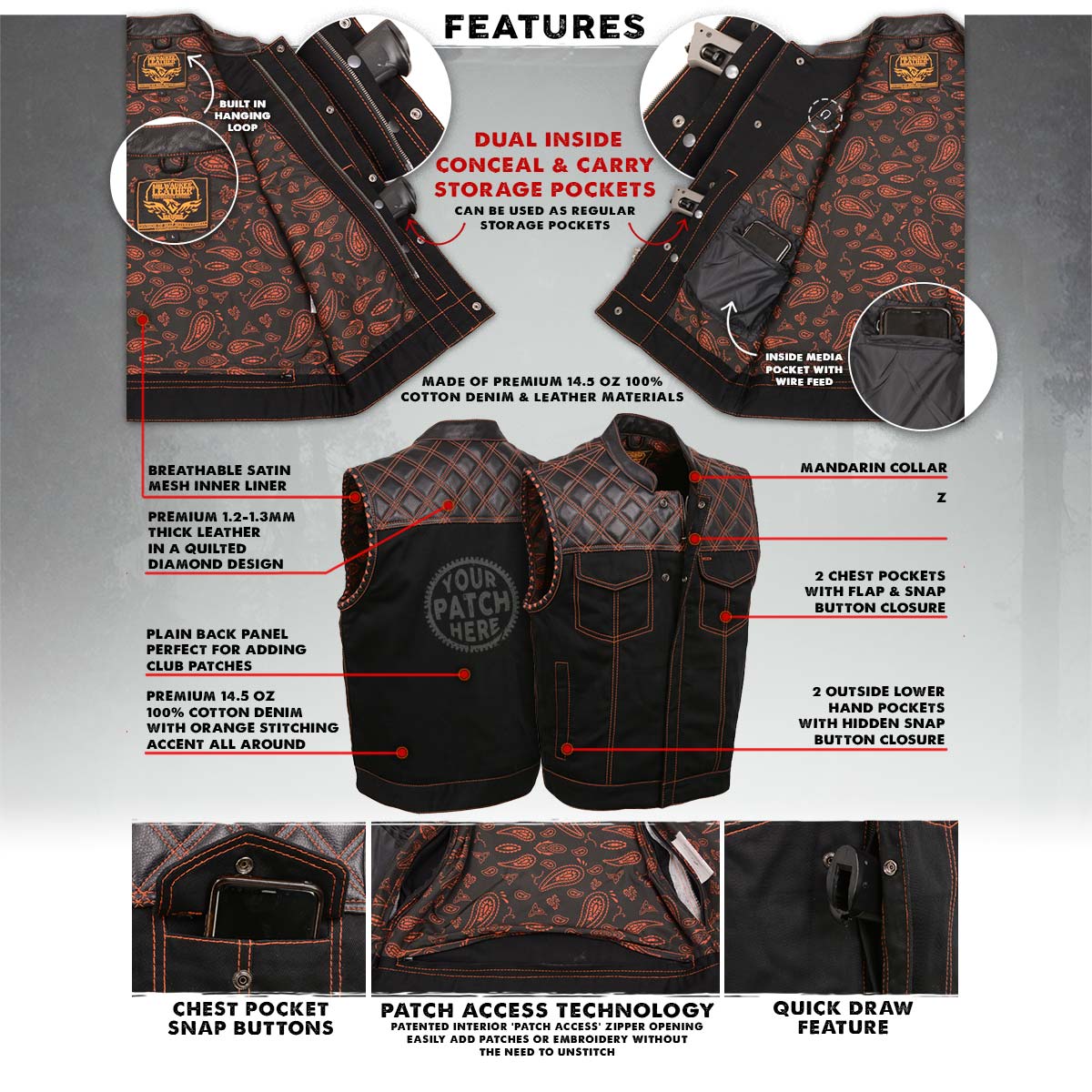 Milwaukee Leather MDM3037 Men’s Wrecker Club Vest – Black Denim & Leather, Diamond Quilt, Orange Stitch — image 2