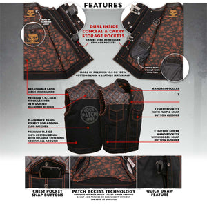 Milwaukee Leather MDM3037 Men’s Wrecker Club Vest – Black Denim & Leather, Diamond Quilt, Orange Stitch — image 2