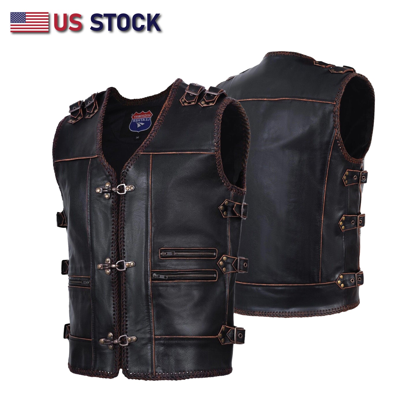 Mens Genuine Cow Leather Heavy Metal Zipper Buckled Rocker Braided Vest-11649BRN/11699 Rocker biker Waistcoat