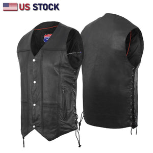 Mens Genuine Leather 10 Pockets Motorcycle Biker Vest ANARCHY Black SOA #3540BLK