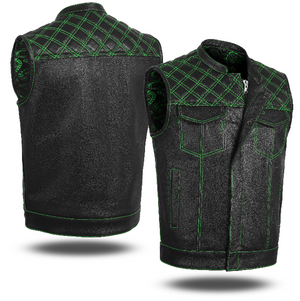 GREEN HL11693SPTGREEN  Black Men Cross Stitch Club Leather Vest