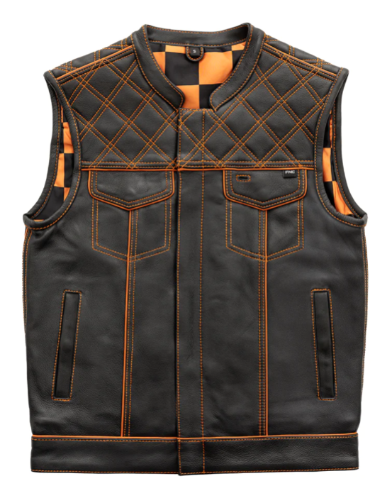 ORANGE HL11693SPTORANGE  Black Men Cross Stitch Club Leather Vest