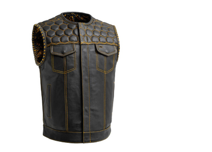 HL11049YELLOW Men's No Collar Club Style Leather Vest Honey Comb Stitch