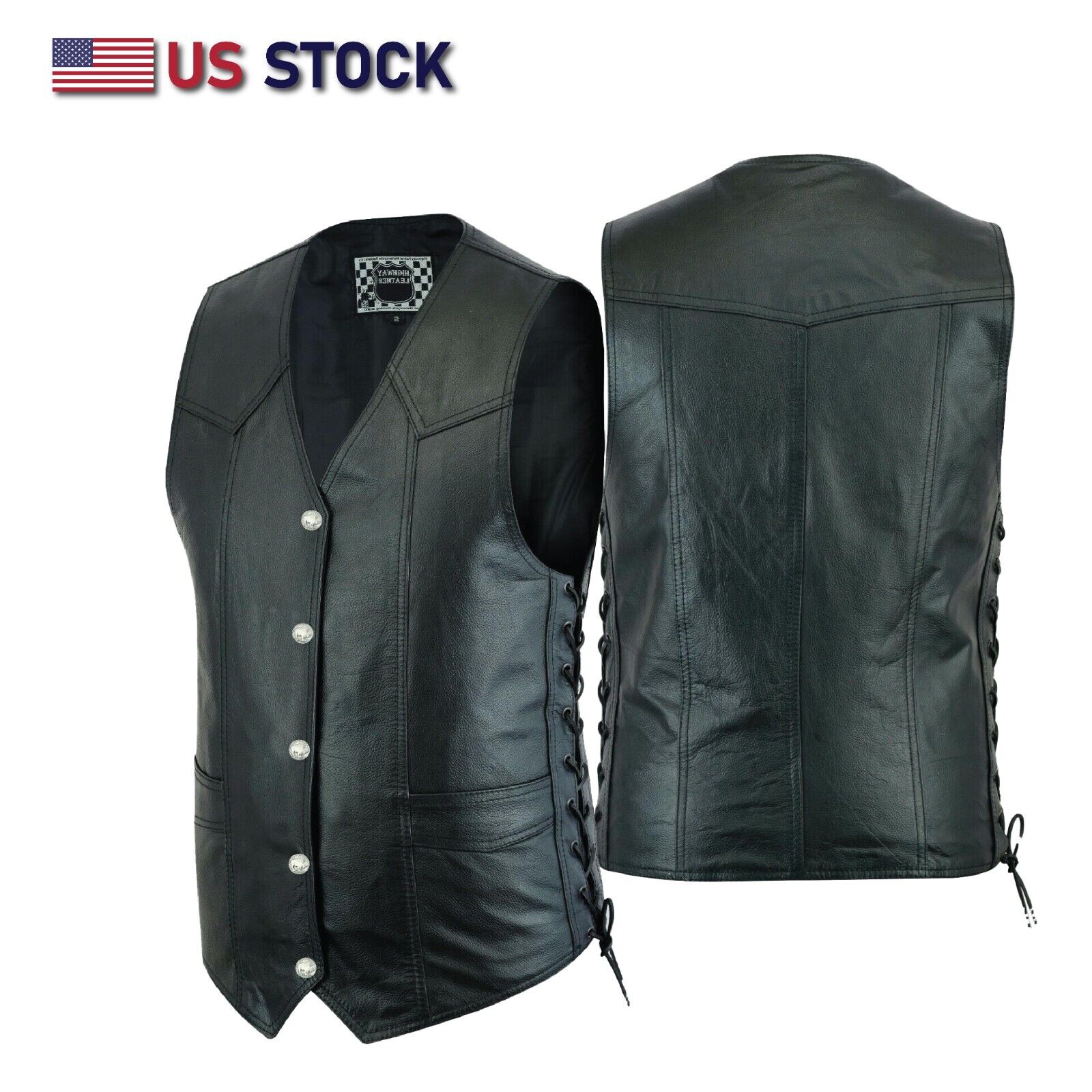 Men Basic Motorcycle Leather Vest side lace with Conceal Carry Gun poc