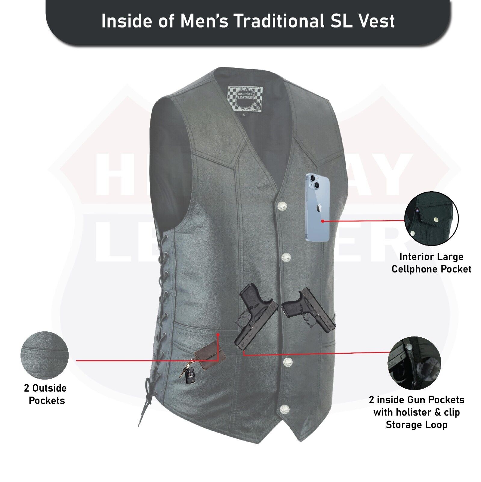 Men Basic Motorcycle Leather Vest side lace with Conceal Carry Gun poc