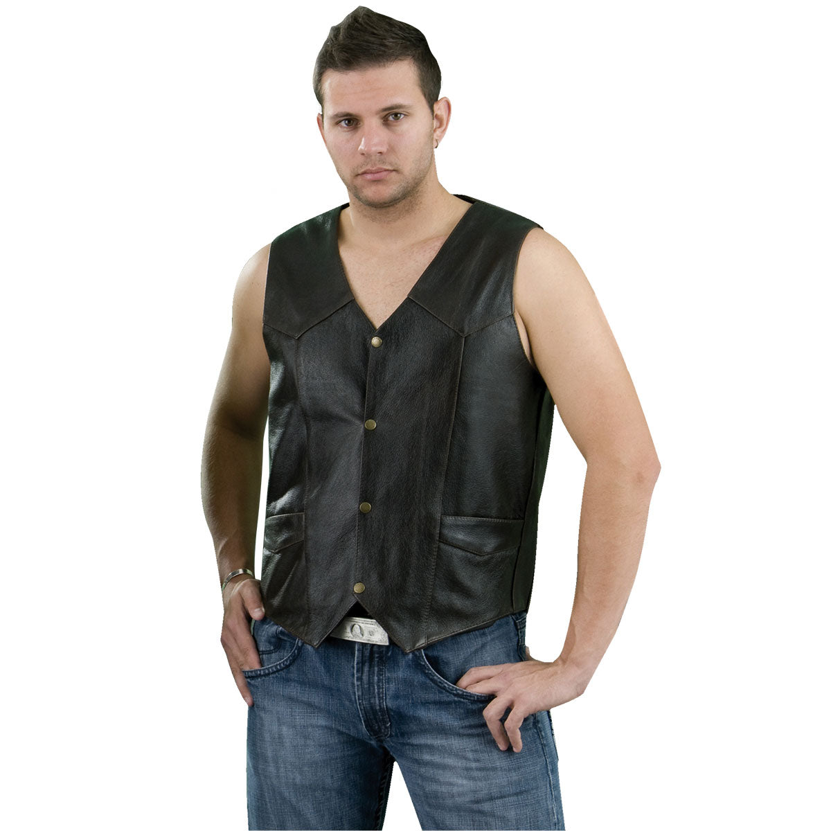 Genuine Leather ML1310RT Men's Retro Brown Classic Leather Motorcycle Vest — image 1