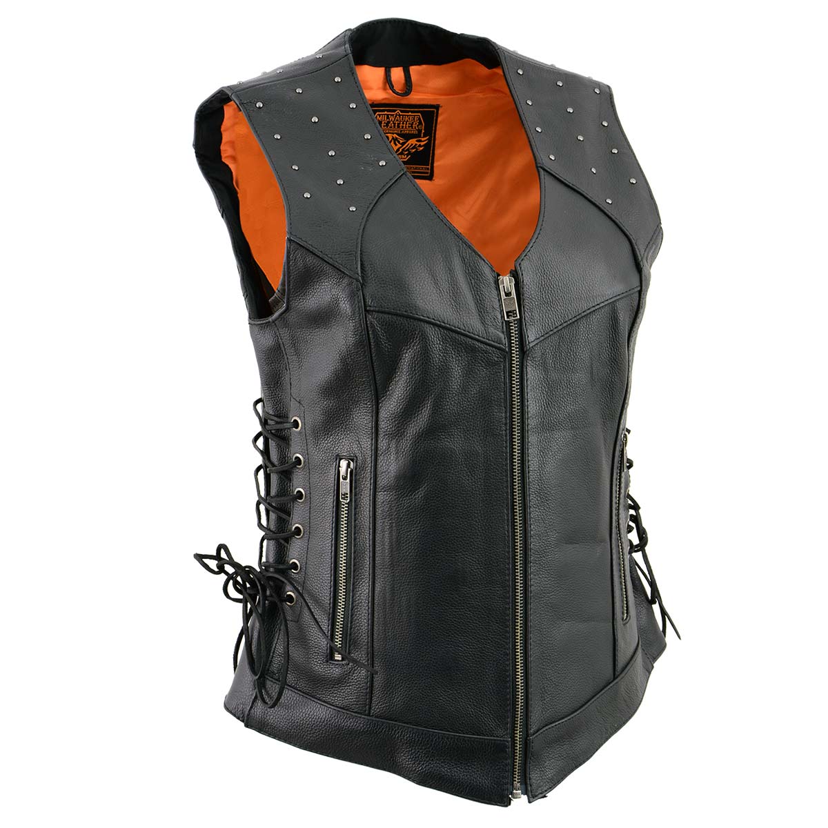 Milwaukee Leather MLL4504 Women's Classic Black Leather V-Neck Riveted Motorcycle Rider Vest with Side Lace - image 1