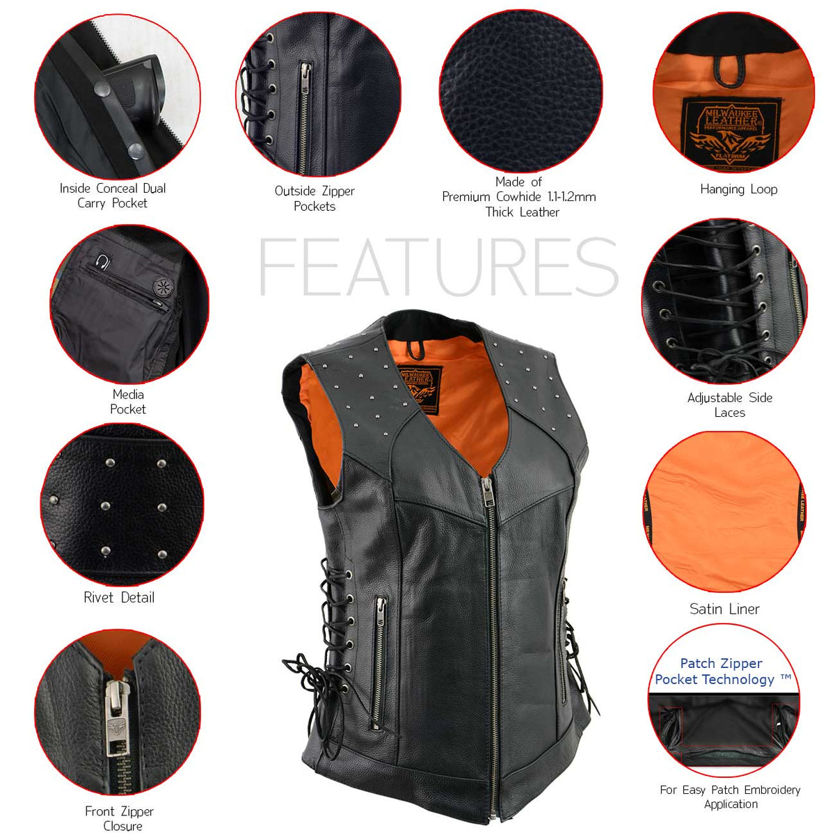 Milwaukee Leather MLL4504 Women's Classic Black Leather V-Neck Riveted Motorcycle Rider Vest with Side Lace - image 2