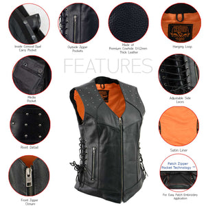 Milwaukee Leather MLL4504 Women's Classic Black Leather V-Neck Riveted Motorcycle Rider Vest with Side Lace - image 2