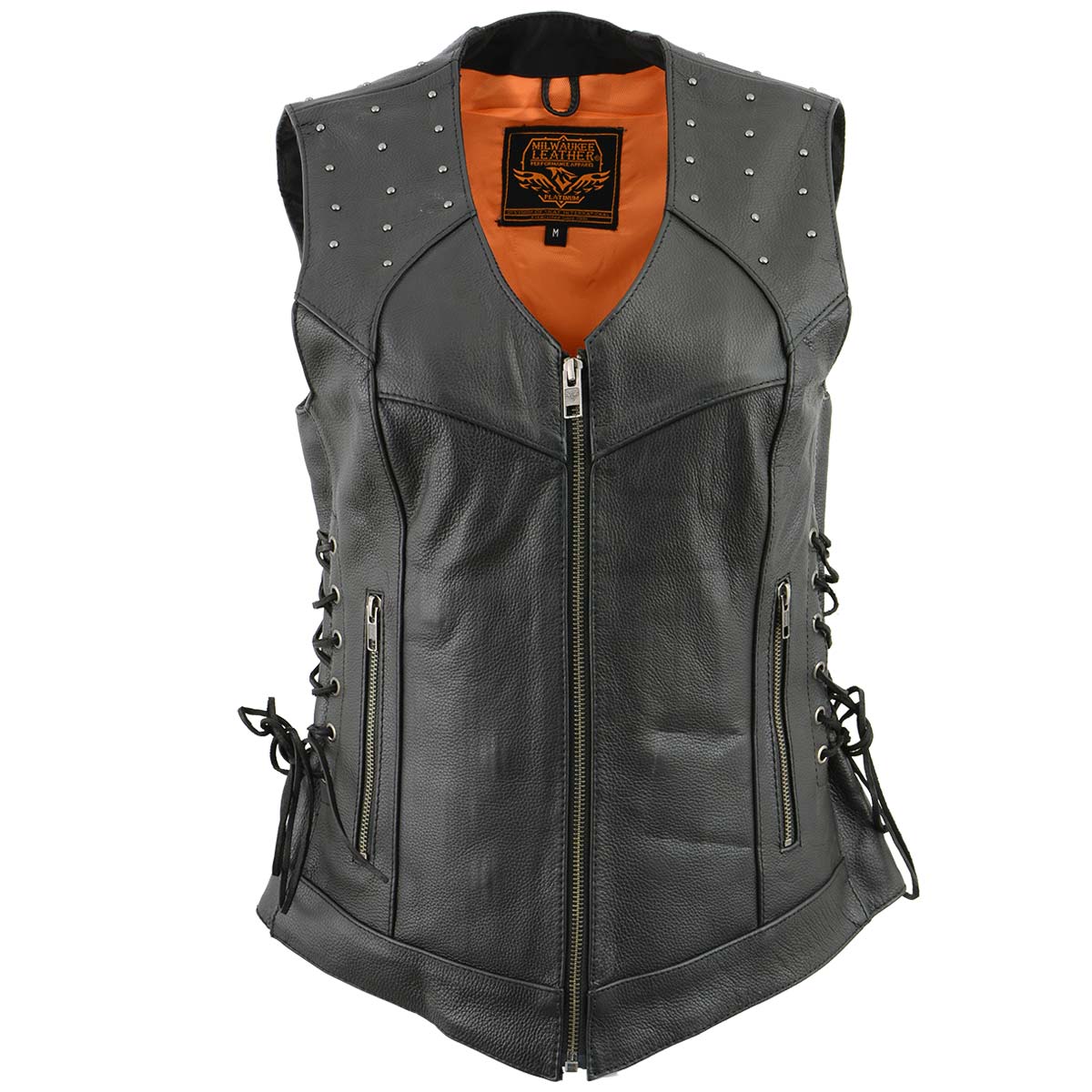 Milwaukee Leather MLL4504 Women's Classic Black Leather V-Neck Riveted Motorcycle Rider Vest with Side Lace - image 9
