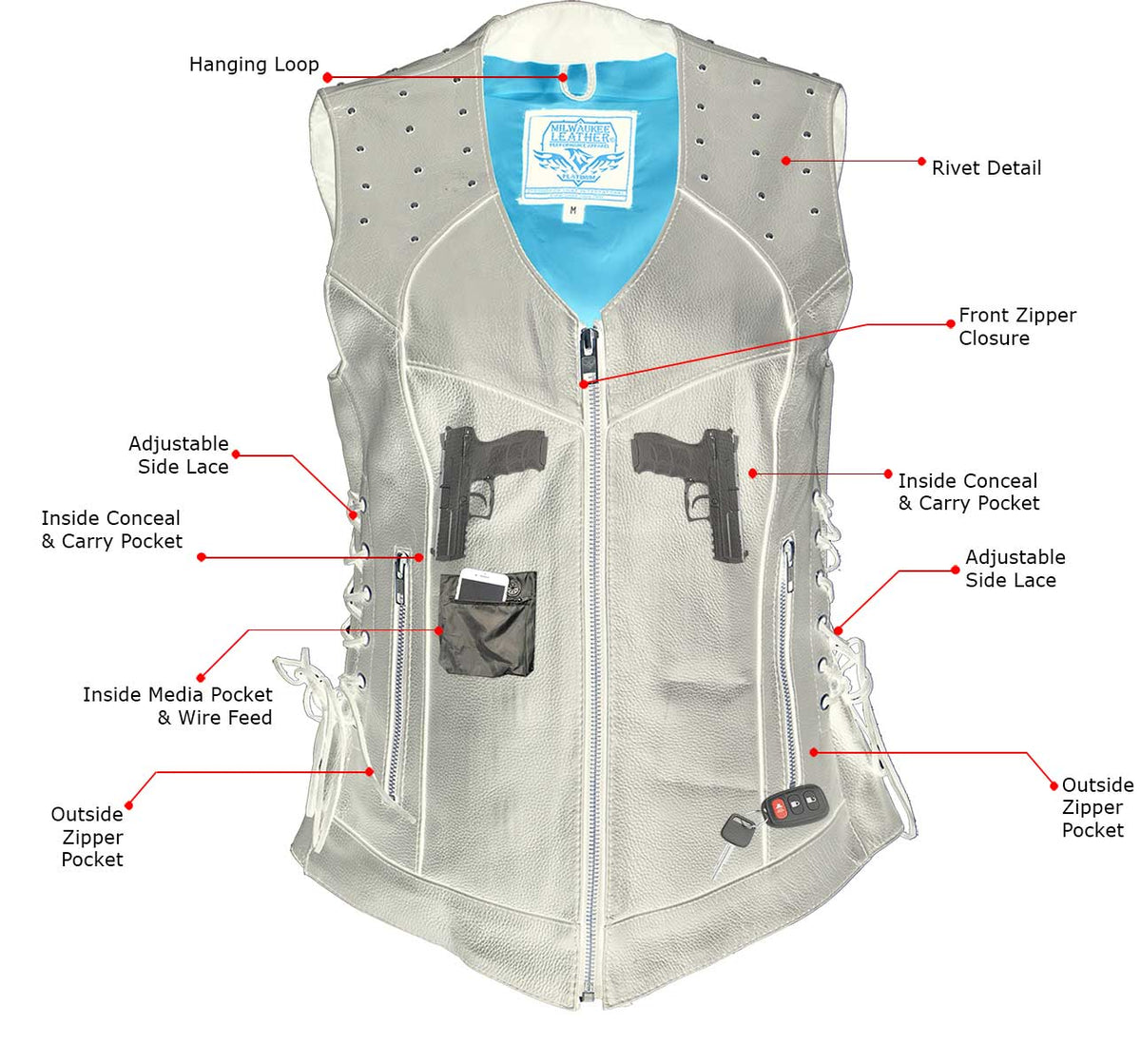 Milwaukee Leather MLL4504 Women's Classic Black Leather V-Neck Riveted Motorcycle Rider Vest with Side Lace - image 5