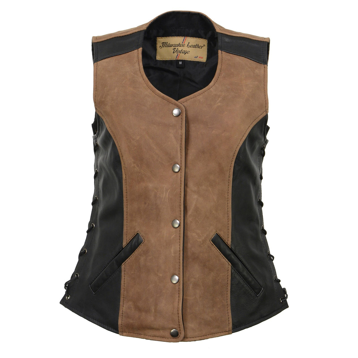 Milwaukee Leather MLL4508 Women's 'Trickster' Vintage Two Tone Crazy Horse Brown and Black Leather Club Style Motorcycle Vest - image 14