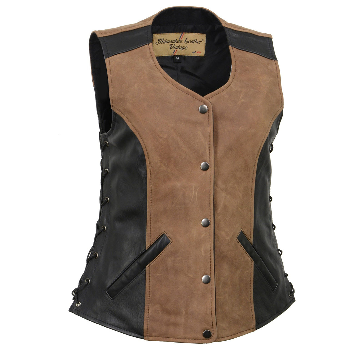 Milwaukee Leather MLL4508 Women's 'Trickster' Vintage Two Tone Crazy Horse Brown and Black Leather Club Style Motorcycle Vest - image 1