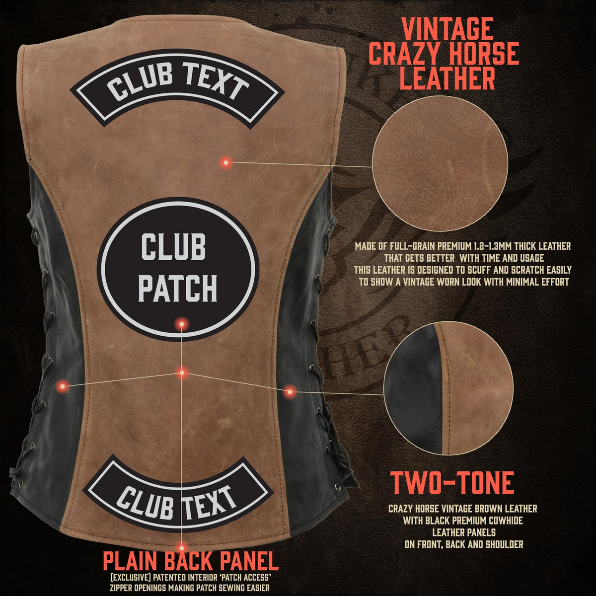 Milwaukee Leather MLL4508 Women's 'Trickster' Vintage Two Tone Crazy Horse Brown and Black Leather Club Style Motorcycle Vest - image 6