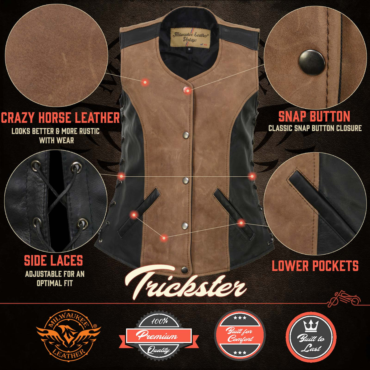 Milwaukee Leather MLL4508 Women's 'Trickster' Vintage Two Tone Crazy Horse Brown and Black Leather Club Style Motorcycle Vest - image 4