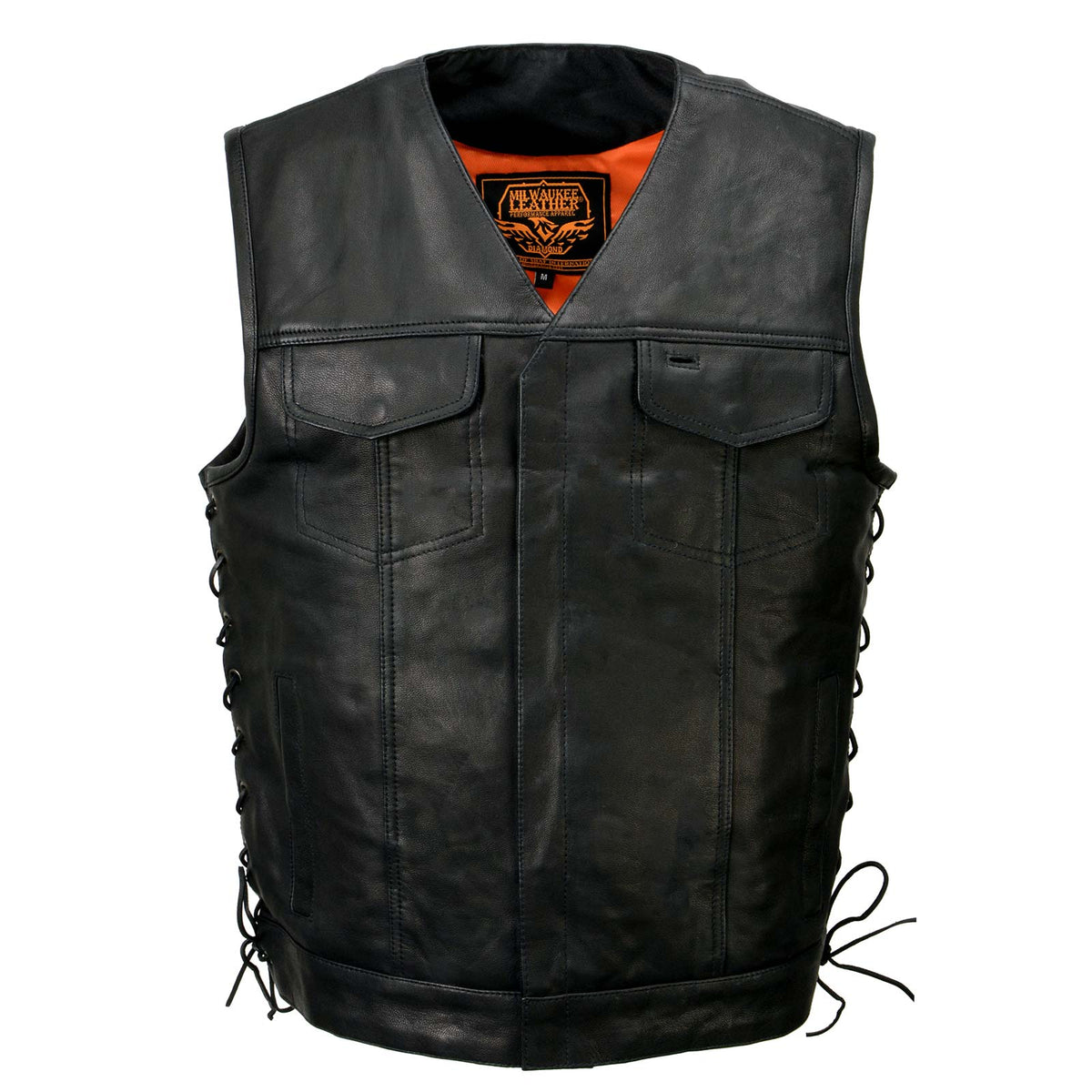 Milwaukee Leather MLM3504 Men's Black 'Pursuit' V Neck Club Style Motorcycle Leather Vest with Adjustable Side Laces — image 15