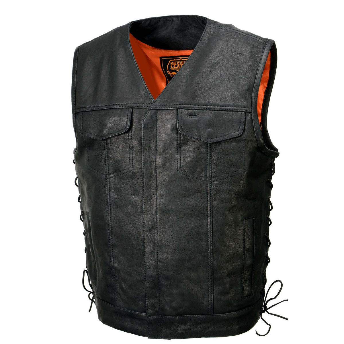 Milwaukee Leather MLM3504 Men's Black 'Pursuit' V Neck Club Style Motorcycle Leather Vest with Adjustable Side Laces — image 14