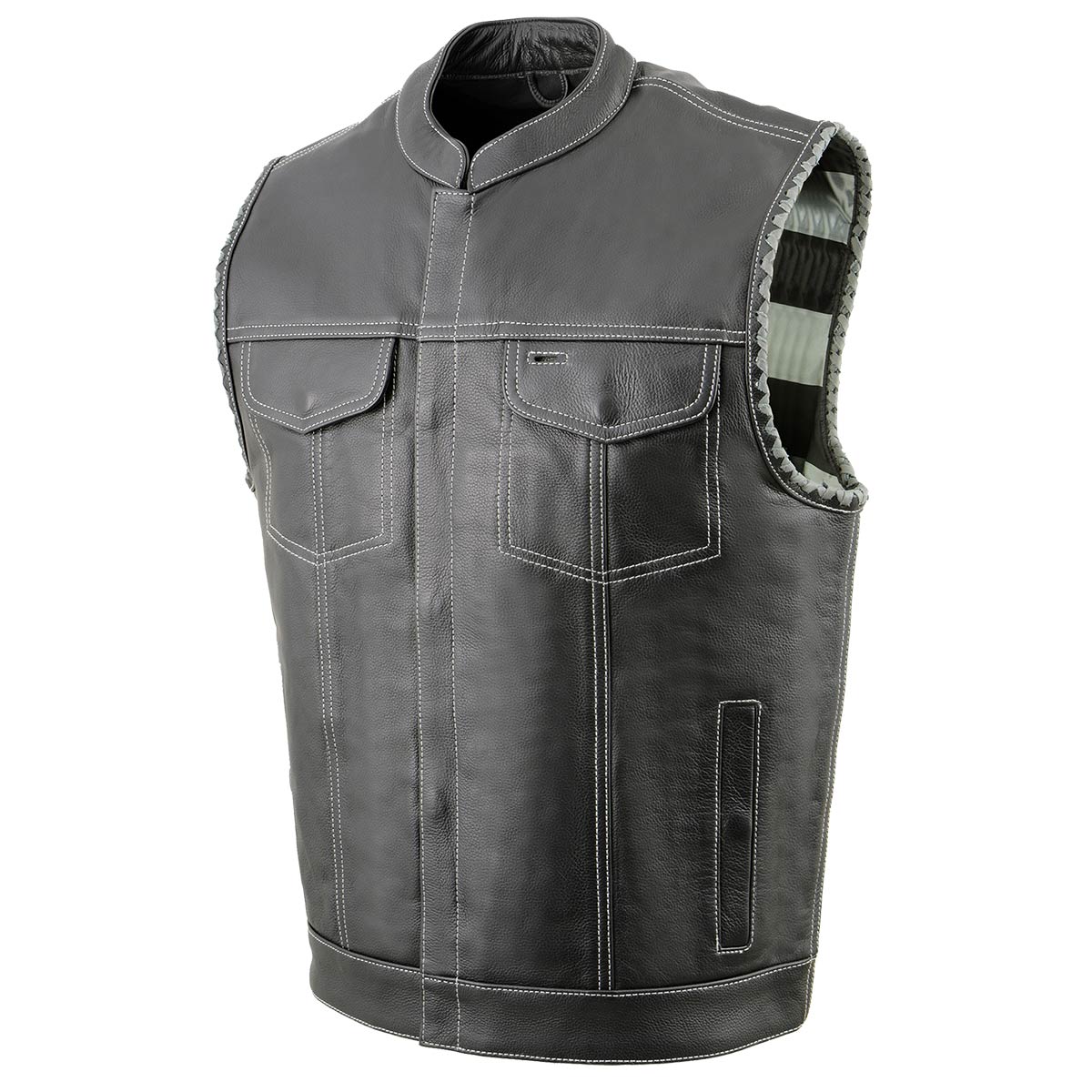 Milwaukee Leather MLM3507 Men's Old Glory Black Premium Leather Club Style Vest w/ Grey Stitching Laced Armholes — image 1