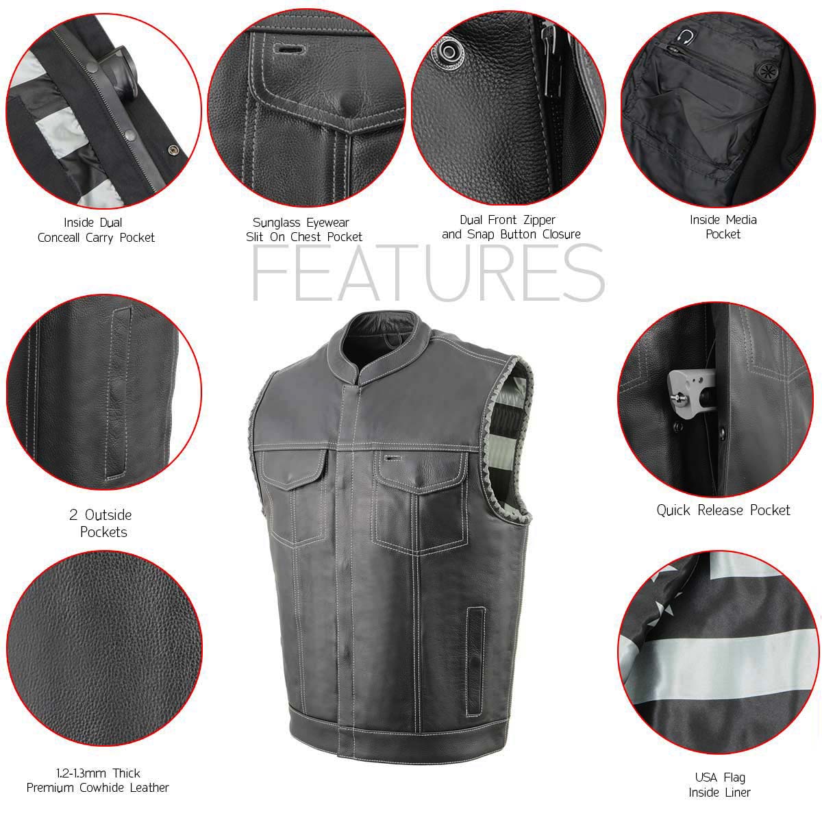 Milwaukee Leather MLM3507 Men's Old Glory Black Premium Leather Club Style Vest w/ Grey Stitching Laced Armholes — image 2