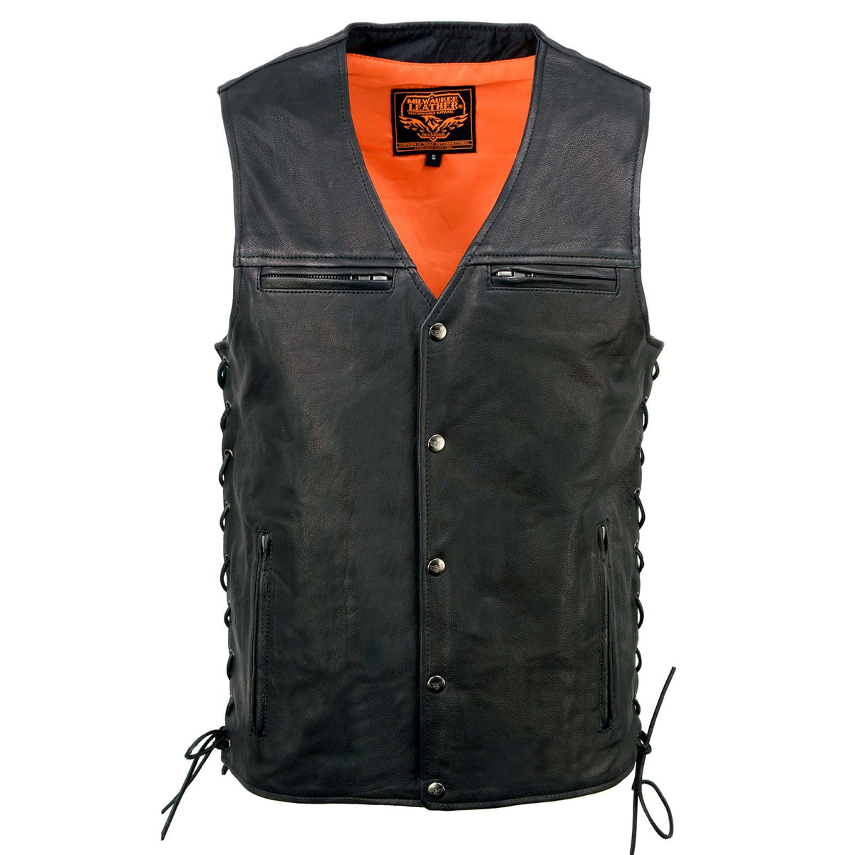 Milwaukee Leather MLM3517 Men's Black Premium Leather Classic V-Neck Side Lace Motorcycle Rider Vest — image 11