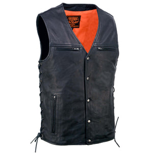 Milwaukee Leather MLM3517 Men's Black Premium Leather Classic V-Neck Side Lace Motorcycle Rider Vest — image 1