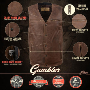 Milwaukee Leather MLM3518 Men's Gambler Snap Front Vintage Crazy Horse Brown Motorcycle Leather Vest — image 2