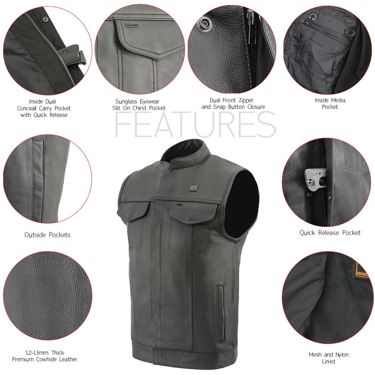 Milwaukee Leather MLM3524SET Men's All Season Black Premium Leather Motorcycle vest w/ Heated and Cool-Tec Technology — image 5