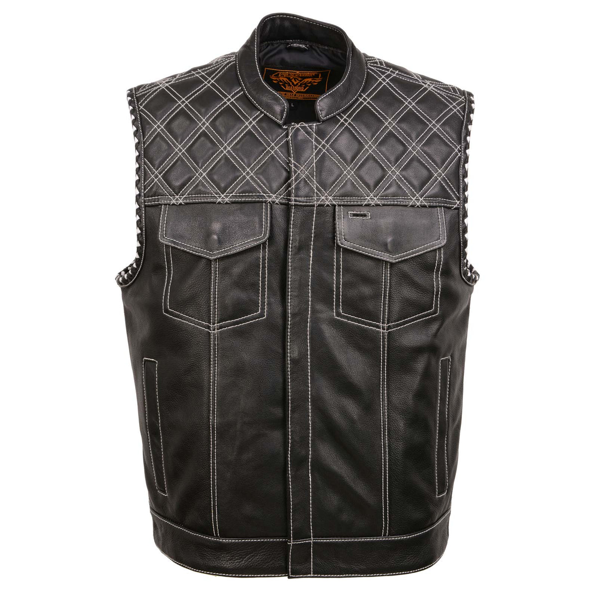 Milwaukee Leather MLM3525 Men's Black 'Paisley' Accented White Stitching Leather Vest – w/Armhole Trim Open Collar Design — image 12