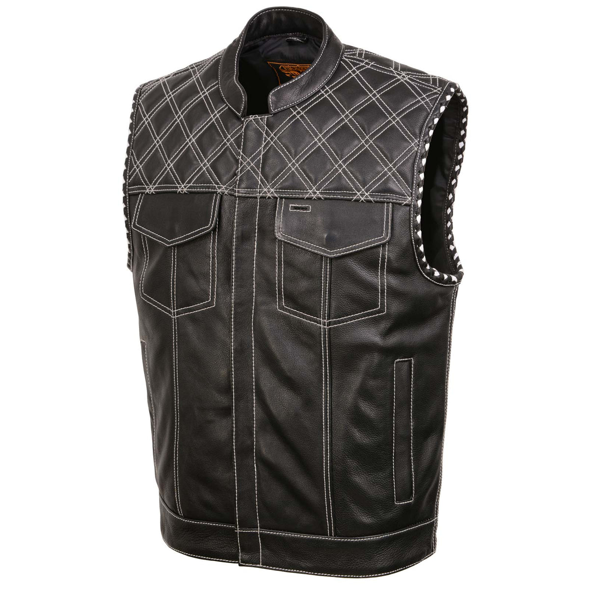 Milwaukee Leather MLM3525 Men's Black 'Paisley' Accented White Stitching Leather Vest – w/Armhole Trim Open Collar Design — image 11