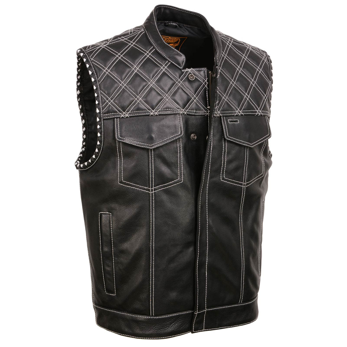 Milwaukee Leather MLM3525 Men's Black 'Paisley' Accented White Stitching Leather Vest – w/Armhole Trim Open Collar Design — image 1