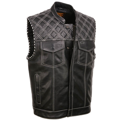 Milwaukee Leather MLM3525 Men's Black 'Paisley' Accented White Stitching Leather Vest – w/Armhole Trim Open Collar Design — image 1