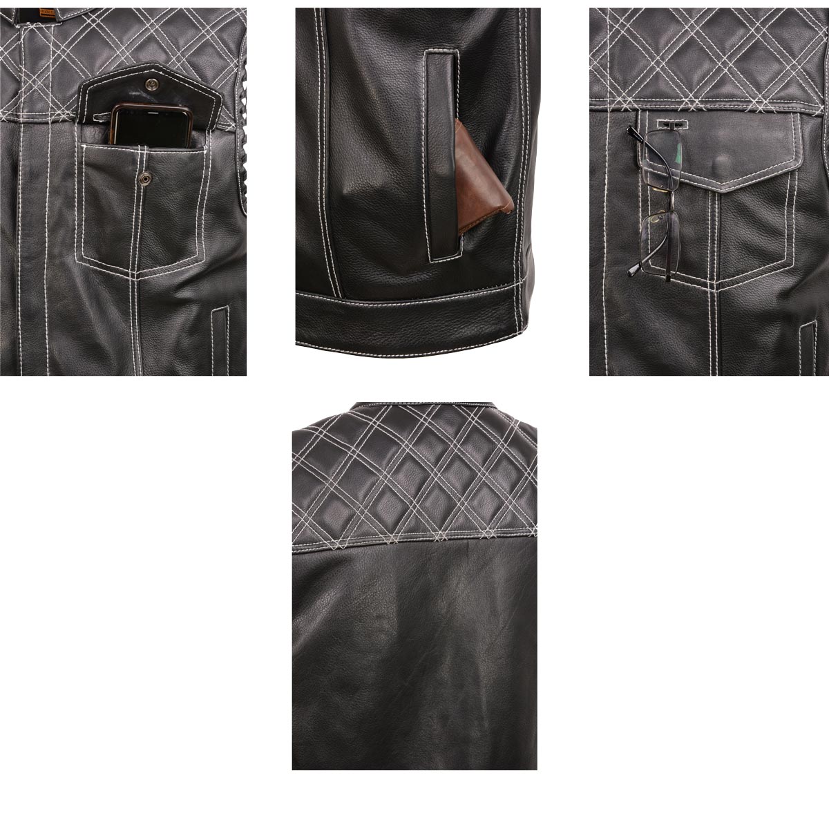 Milwaukee Leather MLM3525 Men's Black 'Paisley' Accented White Stitching Leather Vest – w/Armhole Trim Open Collar Design — image 8