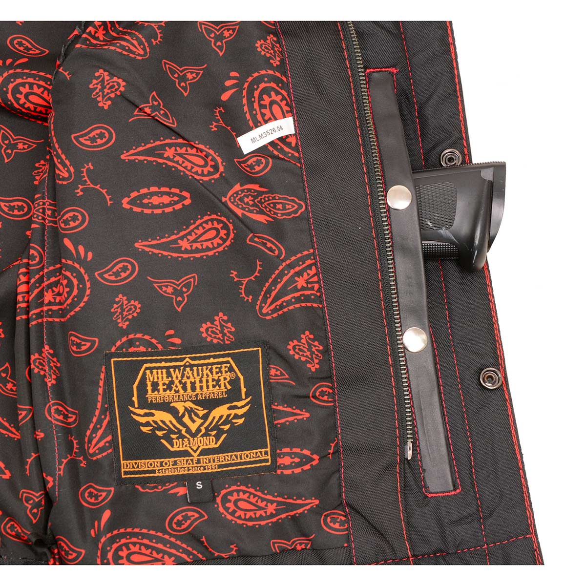 Milwaukee Leather MLM3526 Men's Black 'Paisley' Accented Red Stitching Leather Vest – w/ Armhole Trim Open Collar Design — image 6