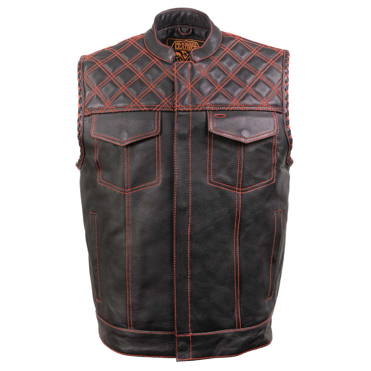 Milwaukee Leather MLM3526 Men's Black 'Paisley' Accented Red Stitching Leather Vest – w/ Armhole Trim Open Collar Design — image 13