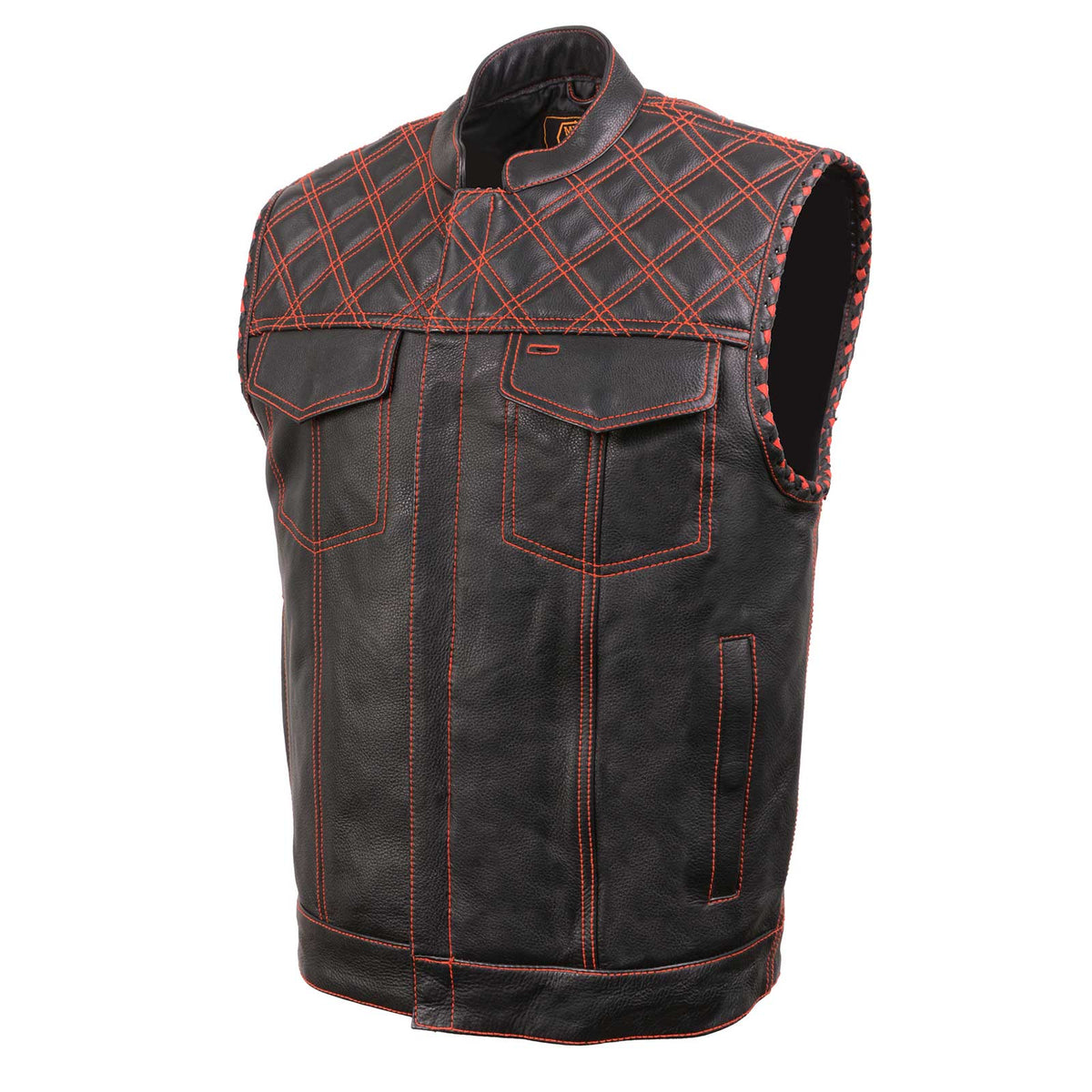 Milwaukee Leather MLM3526 Men's Black 'Paisley' Accented Red Stitching Leather Vest – w/ Armhole Trim Open Collar Design — image 12