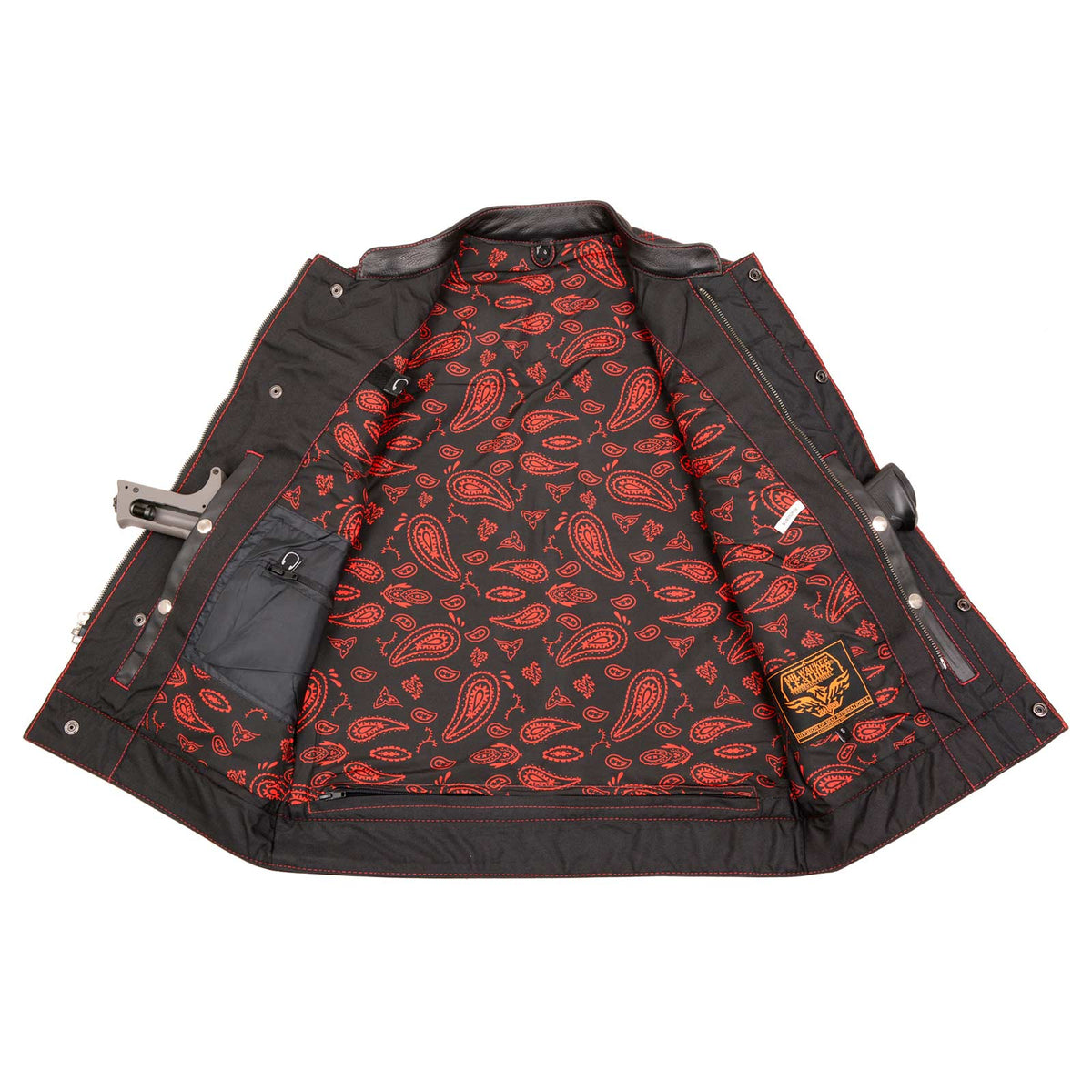 Milwaukee Leather MLM3526 Men's Black 'Paisley' Accented Red Stitching Leather Vest – w/ Armhole Trim Open Collar Design — image 8