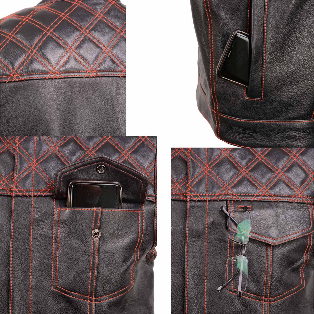 Milwaukee Leather MLM3526 Men's Black 'Paisley' Accented Red Stitching Leather Vest – w/ Armhole Trim Open Collar Design — image 9