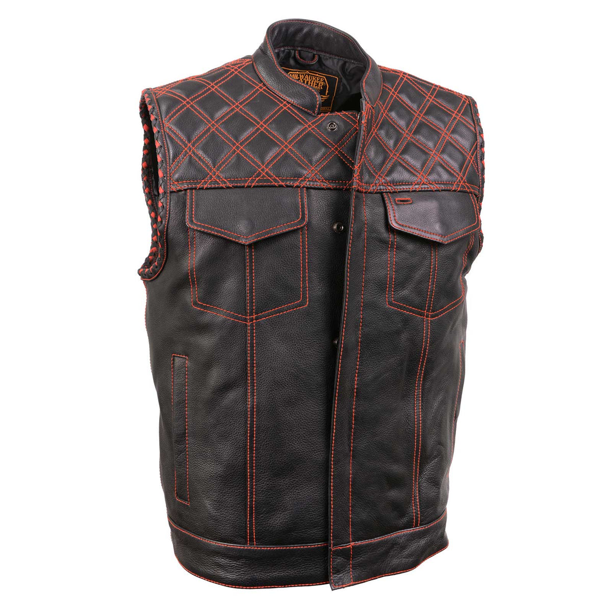 Milwaukee Leather MLM3526 Men's Black 'Paisley' Accented Red Stitching Leather Vest – w/ Armhole Trim Open Collar Design — image 1