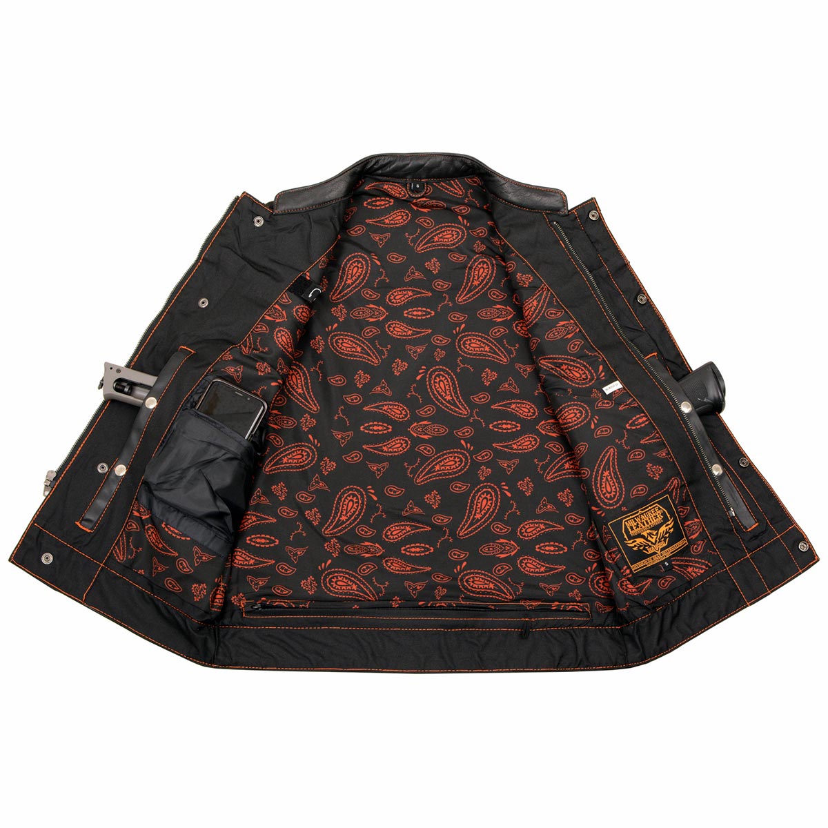 Milwaukee Leather MLM3527 Men's Black 'Paisley' Accented w/ Orange Stitching Leather Vest – / Armhole Trim — image 21