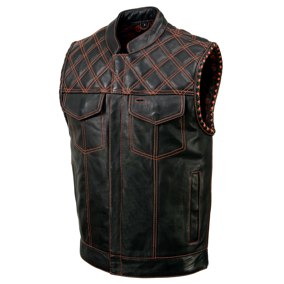 Milwaukee Leather MLM3527 Men's Black 'Paisley' Accented w/ Orange Stitching Leather Vest – / Armhole Trim — image 12