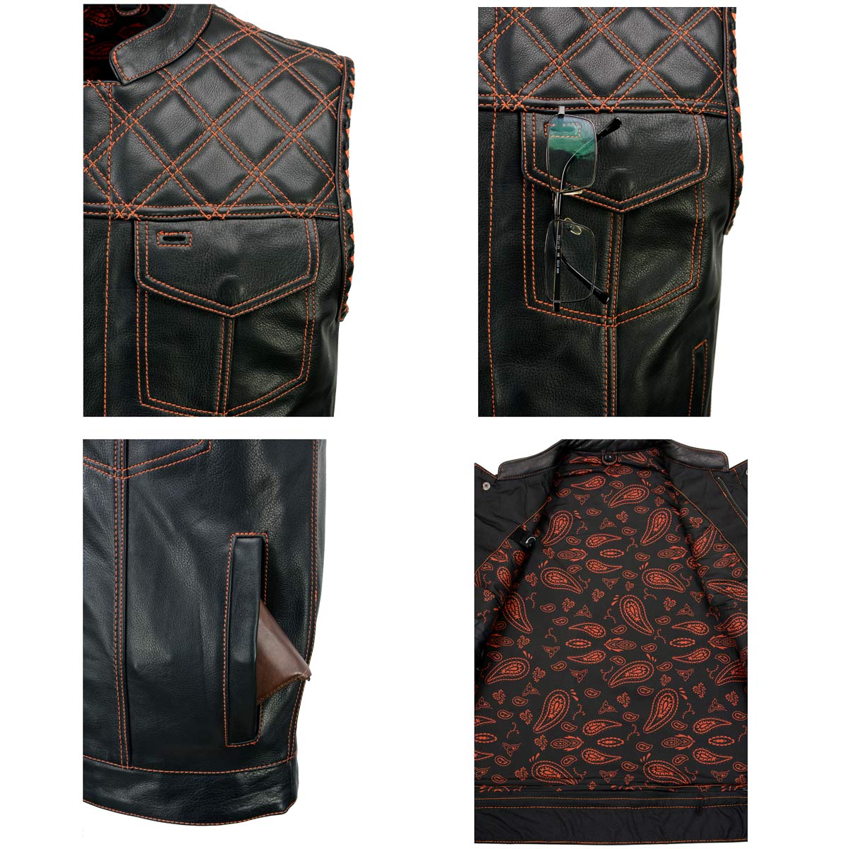 Milwaukee Leather MLM3527 Men's Black 'Paisley' Accented w/ Orange Stitching Leather Vest – / Armhole Trim — image 20
