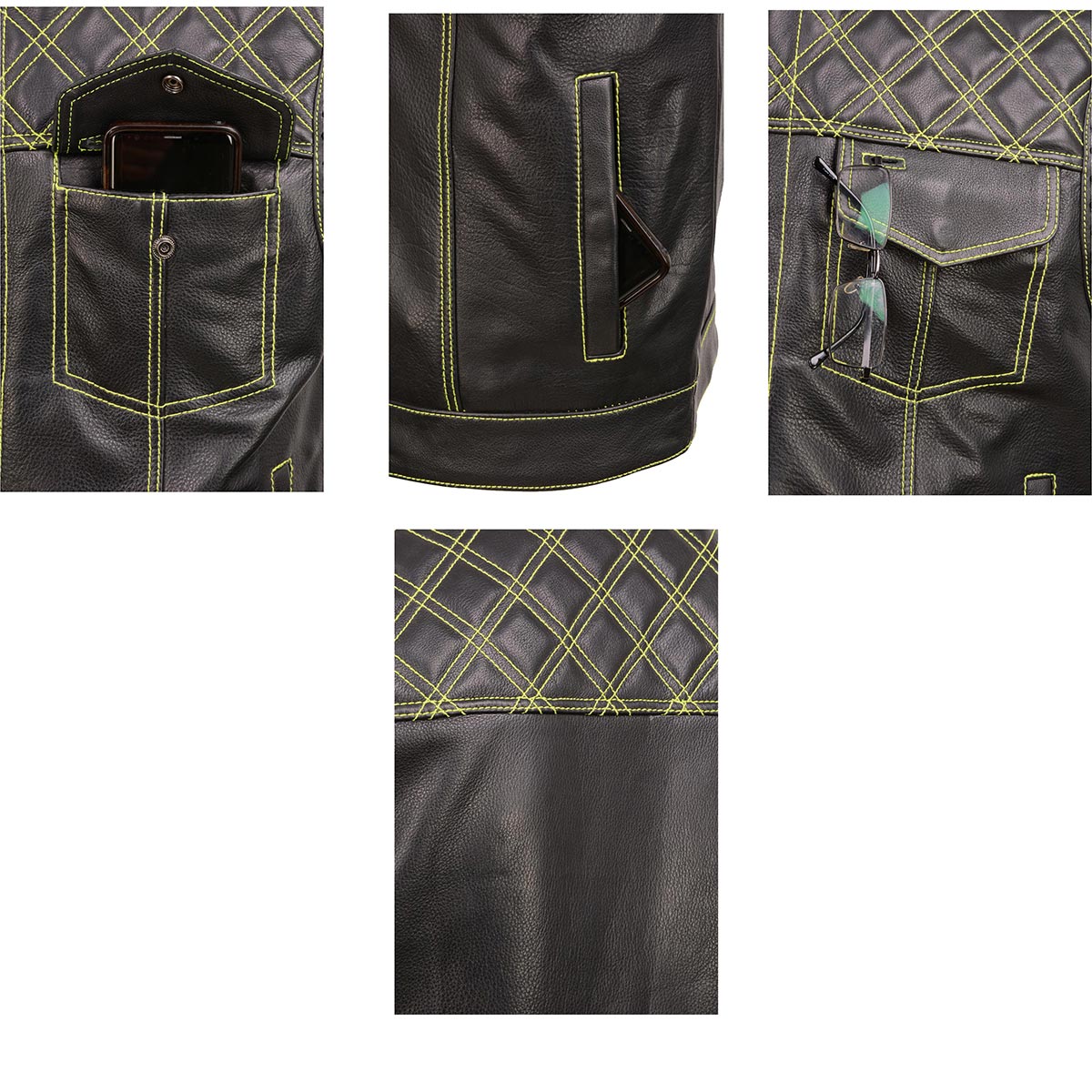 Milwaukee Leather MLM3528 Men's Black Paisley Lined Leather Vest w/ Neon Green Stitching & Armhole Trim — image 8