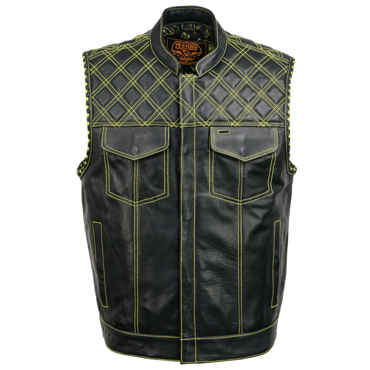 Milwaukee Leather MLM3528 Men's Black Paisley Lined Leather Vest w/ Neon Green Stitching & Armhole Trim — image 11
