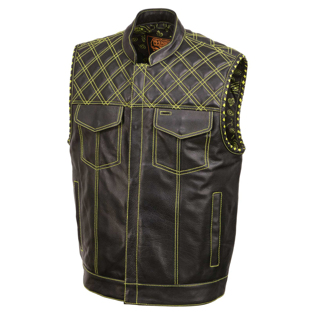Milwaukee Leather MLM3528 Men's Black Paisley Lined Leather Vest w/ Neon Green Stitching & Armhole Trim — image 10