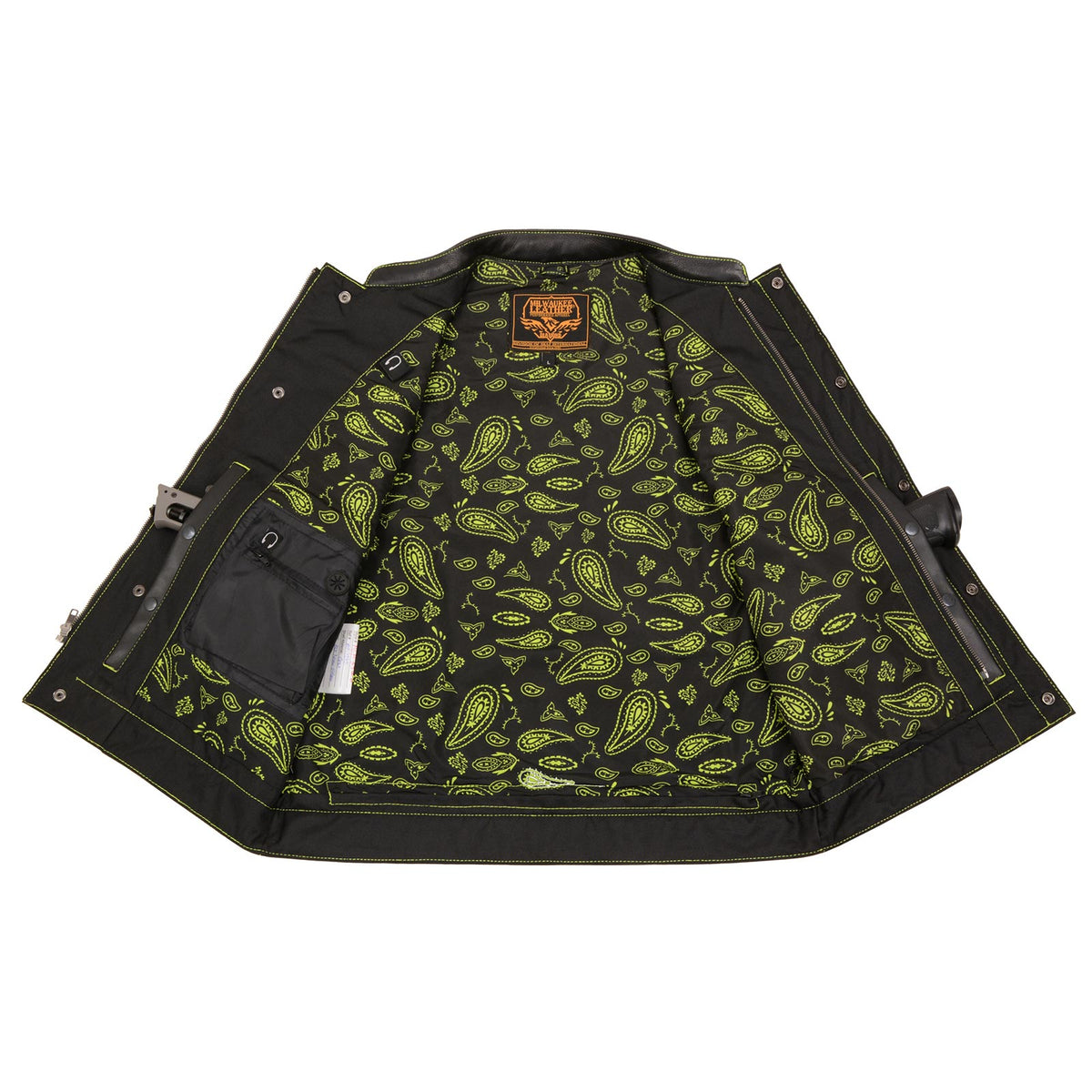 Milwaukee Leather MLM3528 Men's Black Paisley Lined Leather Vest w/ Neon Green Stitching & Armhole Trim — image 5