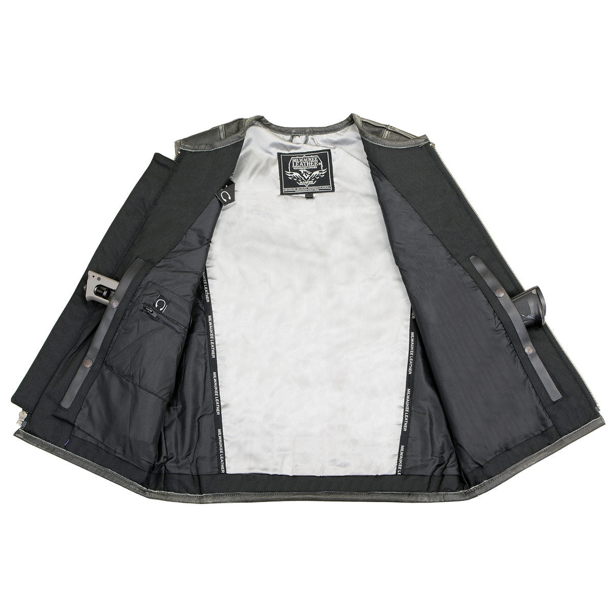 Milwaukee Leather MLM3536 Men's Distressed Grey Leather Collarless Motorcycle Rider Vest