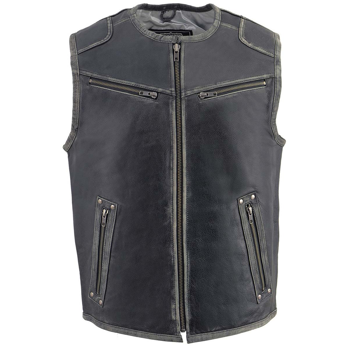 Milwaukee Leather MLM3536 Men's Distressed Grey Leather Collarless Motorcycle Rider Vest