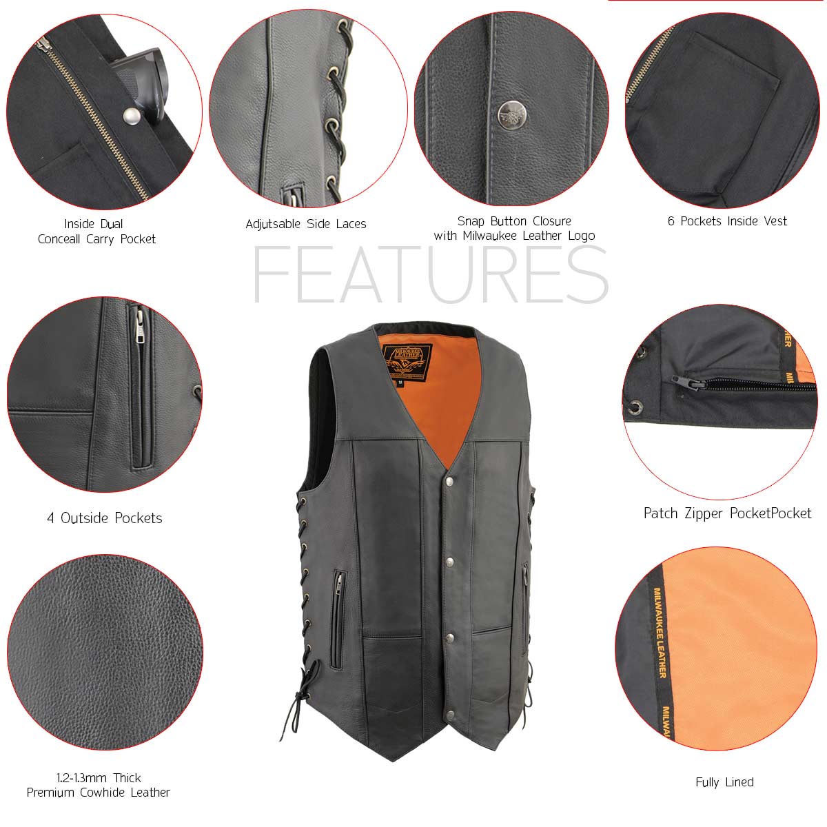Milwaukee Leather MLM3541 Men's Roulette Black Premium Leather 10 Pocket Motorcycle Vest w/ Cool-Tec Leather Treatment — image 5